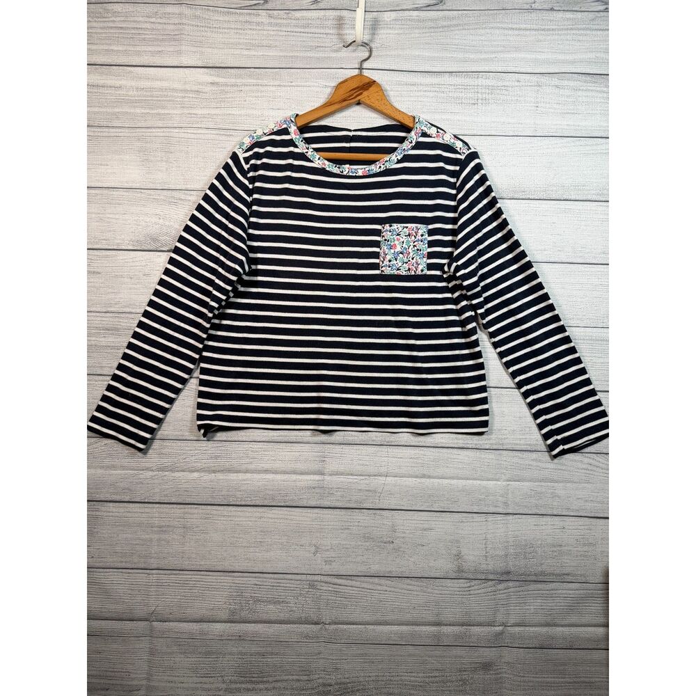 Women’s Large Navy White Striped Floral Pocket Long Sleeve Top 4326